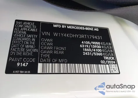 2024 Mercedes-Benz Sprinter 2500 High Roof 4-Cyl Diesel из США, поврежденный, VIN W1Y4KDHY3RT179431